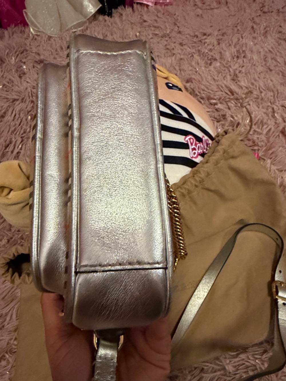 Burberry Beige Check Crossbody with Gold Chain and Silver Trim - Picture 4 of 8